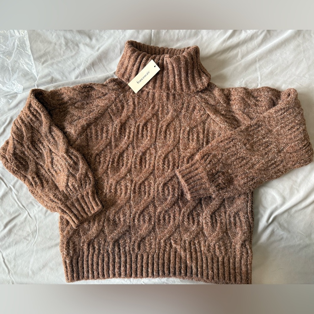 Brown Cable Knit Turtleneck Sweater